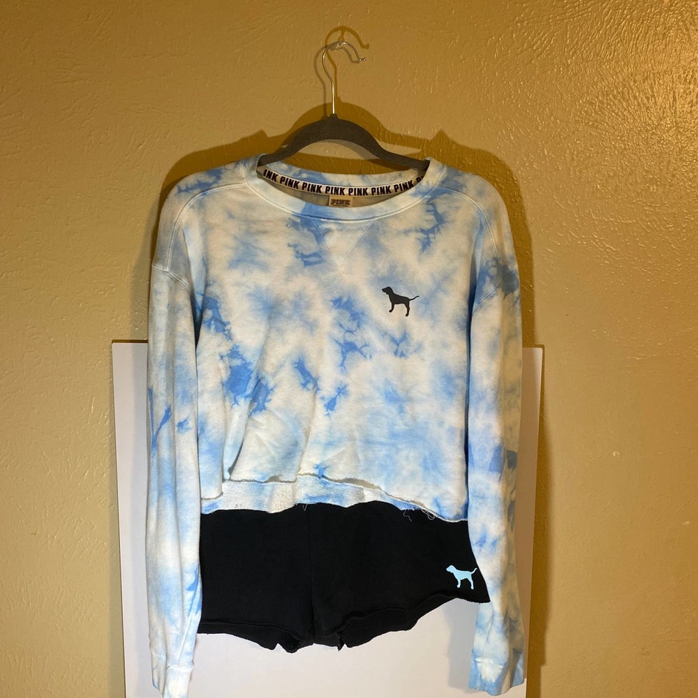 Victoria’s Secret Pink Blue Tie Dye Cropped Crew Neck Sweatshirt Shorts Size M